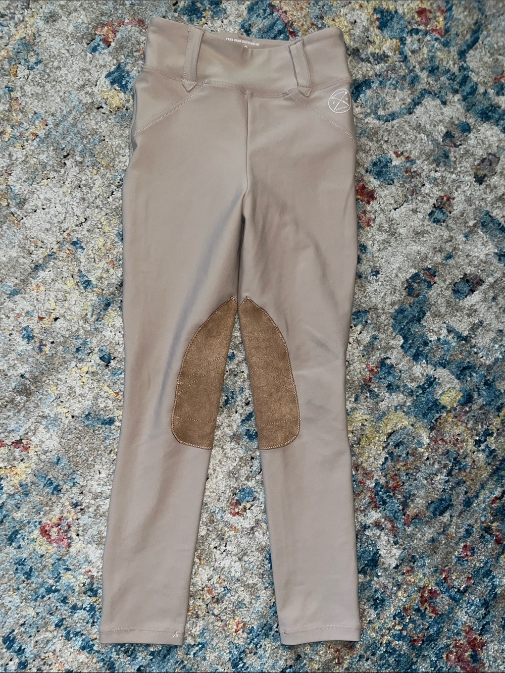 Kids Performance Riding Leggings in Taupe with Brown Knee Patch